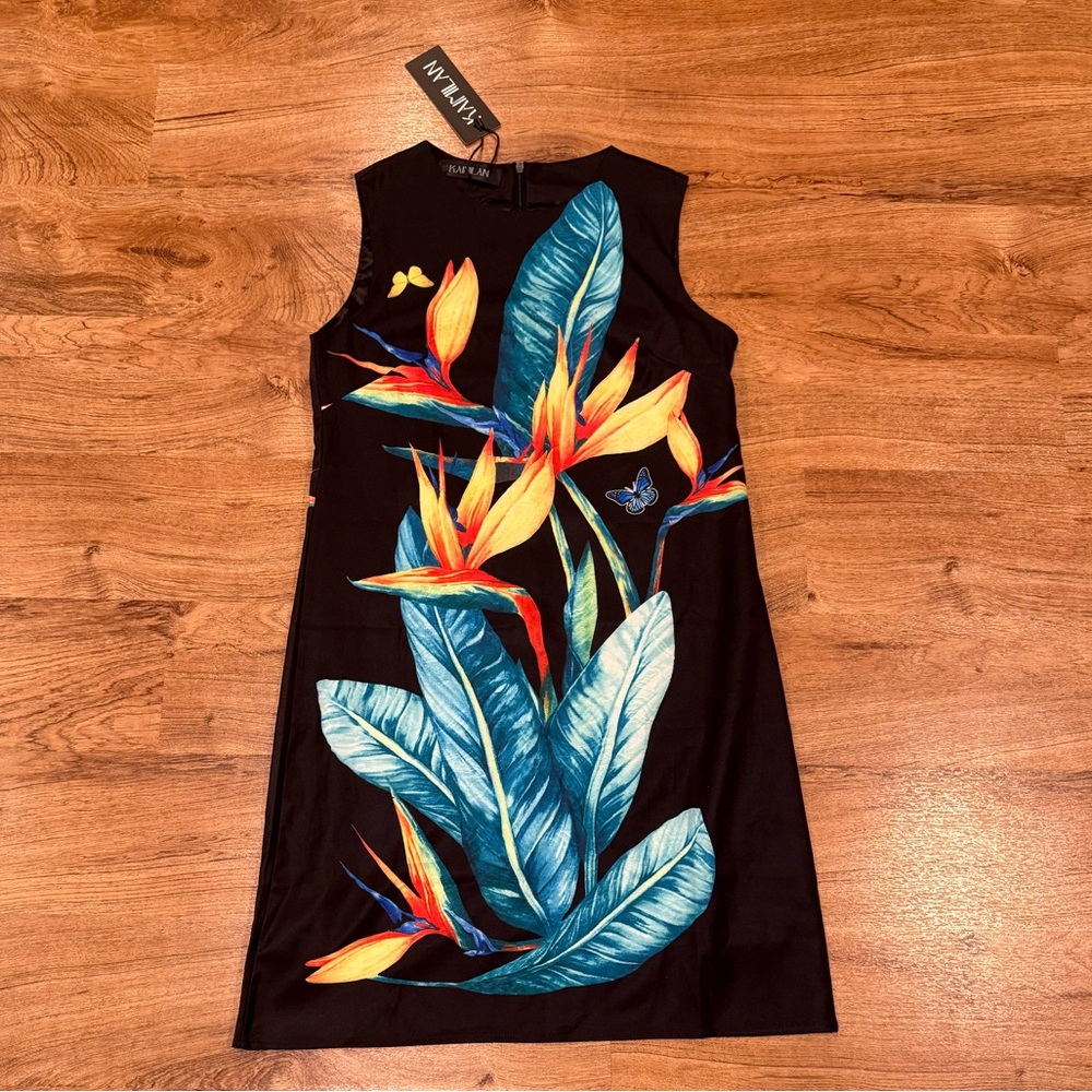 NWT KAIMILAN Black w/ Tropical Leaves and Butterfly Dress Women's, sz. 4